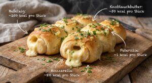 Goldbraune Knoblauch-Käse-Schnecken, frisch gebacken, mit geschmolzenem Mozzarella und Petersilie