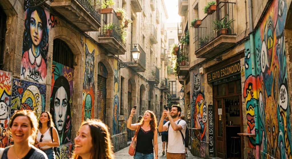 Versteckte Gasse in Barcelona mit Street Art