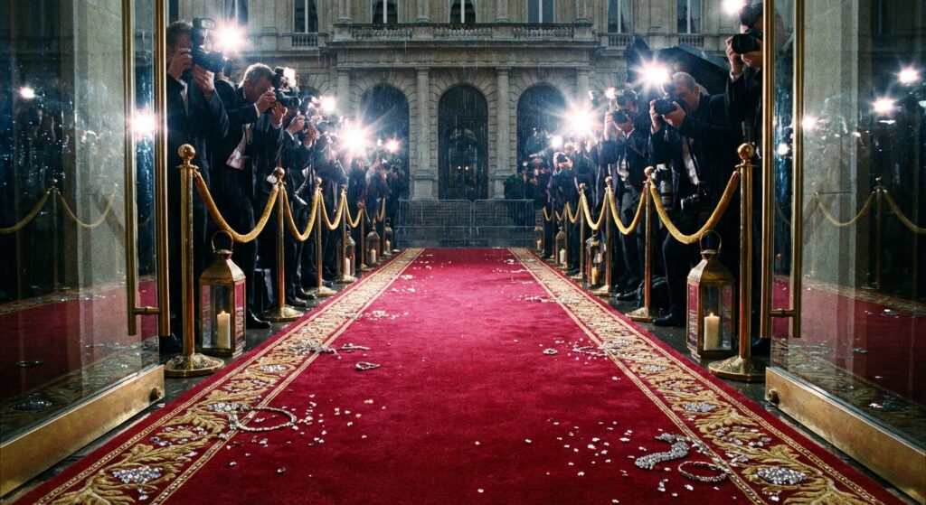 Glamouröser roter Teppich mit Blitzlichtern