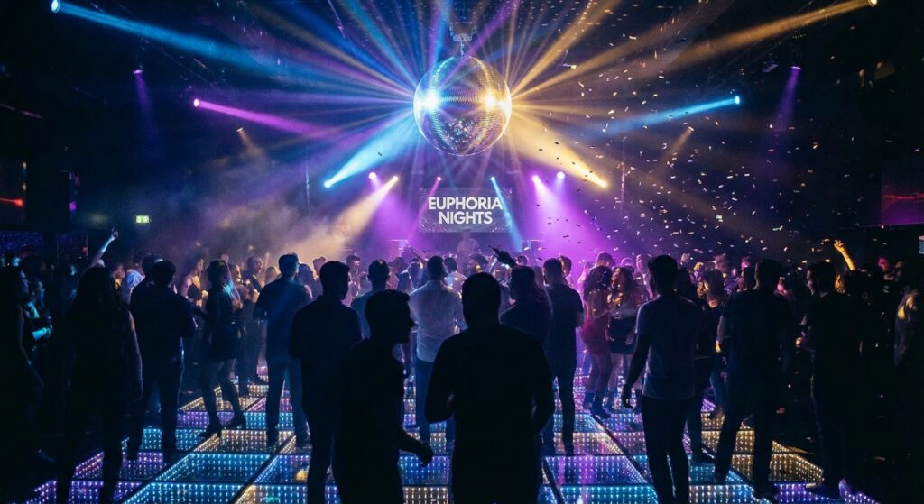 Eine glitzernde Tanzfläche mit funkelnden Lichtern und Disko-Stimmung