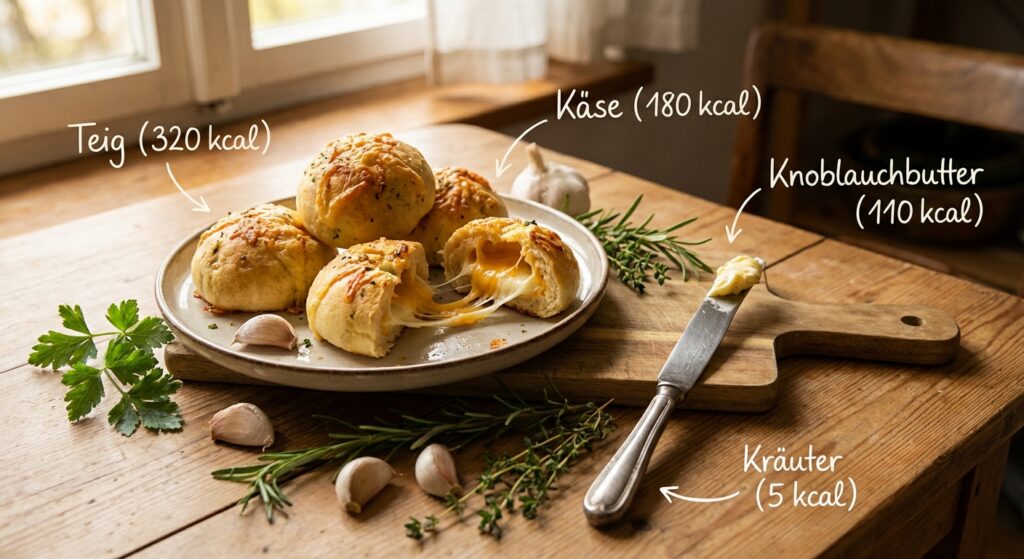 Goldbraune Knoblauch-Käse-Schnecken auf rustikalem Holztisch