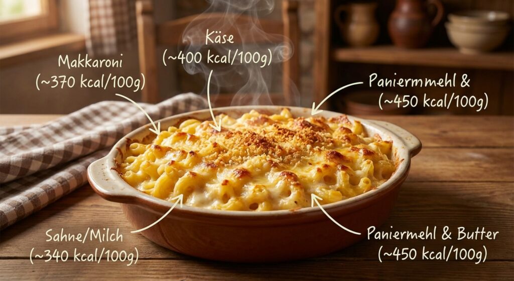 Mac and Cheese Gericht mit knusprigem Topping, heiß serviert