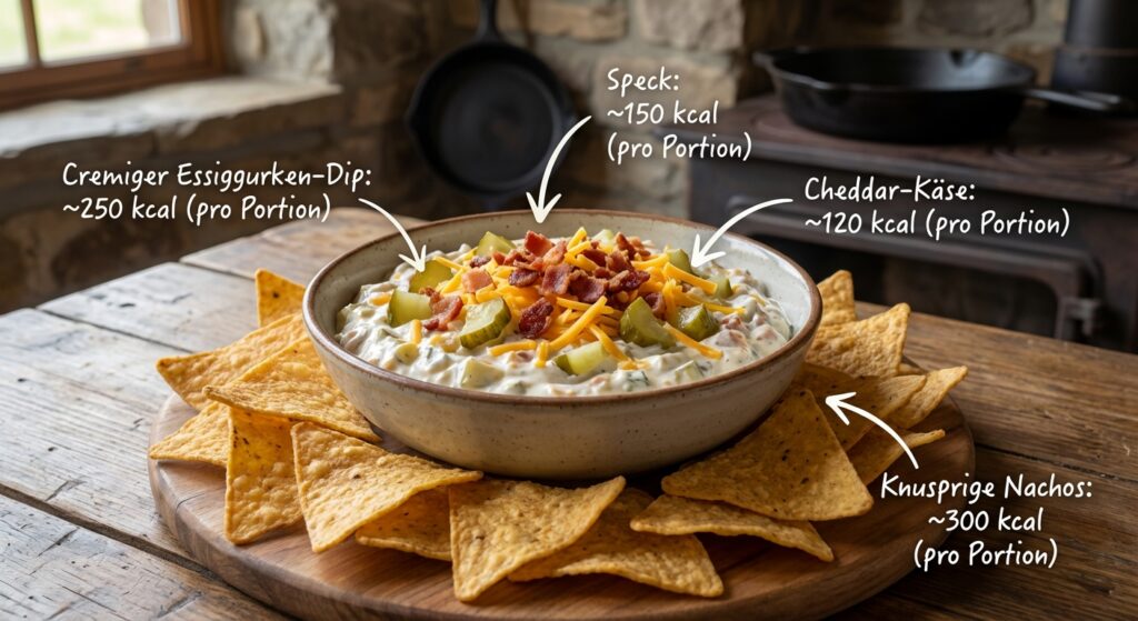 Pickle Dip mit Bacon und Cheddar neben knusprigen Nachos