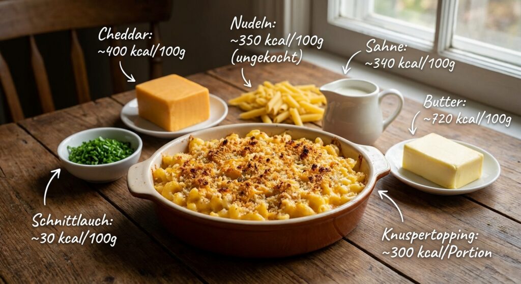 Ein köstlicher Teller Mac and Cheese mit rösch gebräunten Zwiebeln.
