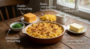 Ein köstlicher Teller Mac and Cheese mit rösch gebräunten Zwiebeln.