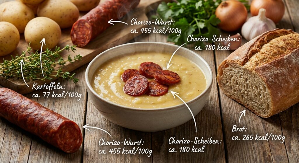 Kartoffelsuppe mit Chorizo auf rustikalem Tisch, umgeben von frischen Kräutern und Zutaten