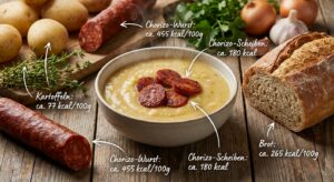 Kartoffelsuppe mit Chorizo auf rustikalem Tisch, umgeben von frischen Kräutern und Zutaten