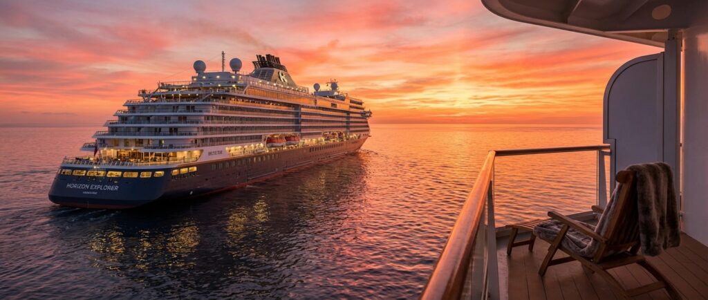 Panoramaaussicht auf Luxus-Kreuzfahrtschiff bei Sonnenuntergang, ideal für Alleinreisende