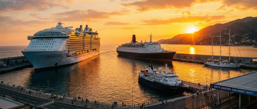 Ansicht verschiedener Kreuzfahrtschiffe bei Sonnenuntergang im Hafen