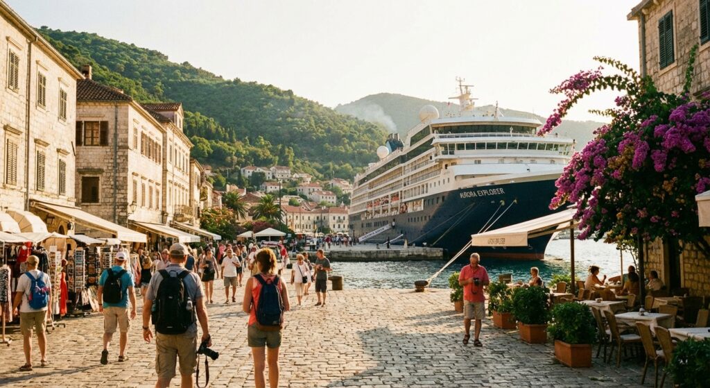Kreuzfahrtschiff im Hafen bei sonnigem Wetter