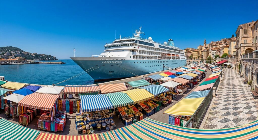 Ein Kreuzfahrtschiff liegt in einem malerischen Hafen vor Anker.