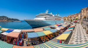 Ein Kreuzfahrtschiff liegt in einem malerischen Hafen vor Anker.