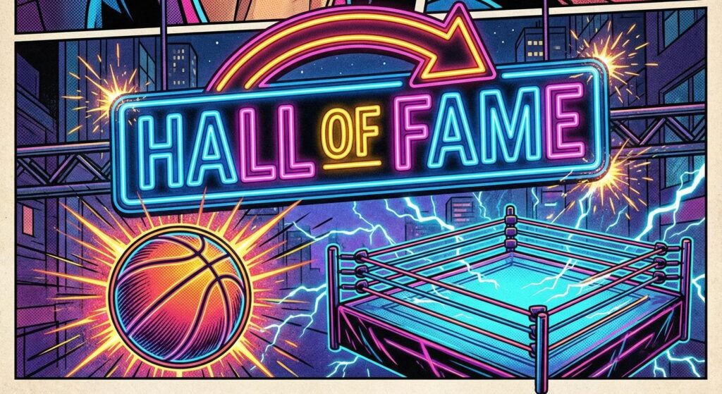 Symbolisches Neon Hall‑of‑Fame Schild mit Basketball und Wrestling‑Ring – Promi‑Ehrung SEO Bild