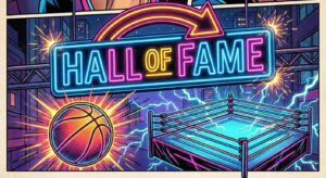 Symbolisches Neon Hall‑of‑Fame Schild mit Basketball und Wrestling‑Ring – Promi‑Ehrung SEO Bild
