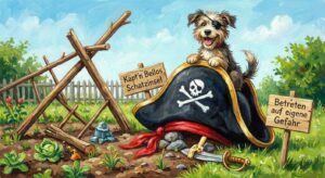 Piratenhut und Garten mit umgefallenem Stock, humorvoll und ironisch