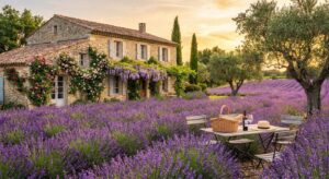 Provenzalisches Landhaus mit Lavendelfeldern – symbolisch für ein ruhiges Landleben