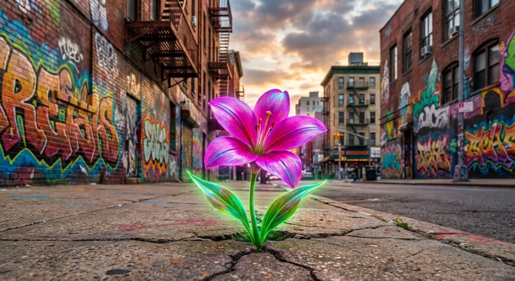 Ein neonpinker Blume, die durch Beton bricht, als Symbol für Resilienz.