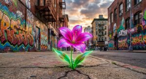 Ein neonpinker Blume, die durch Beton bricht, als Symbol für Resilienz.