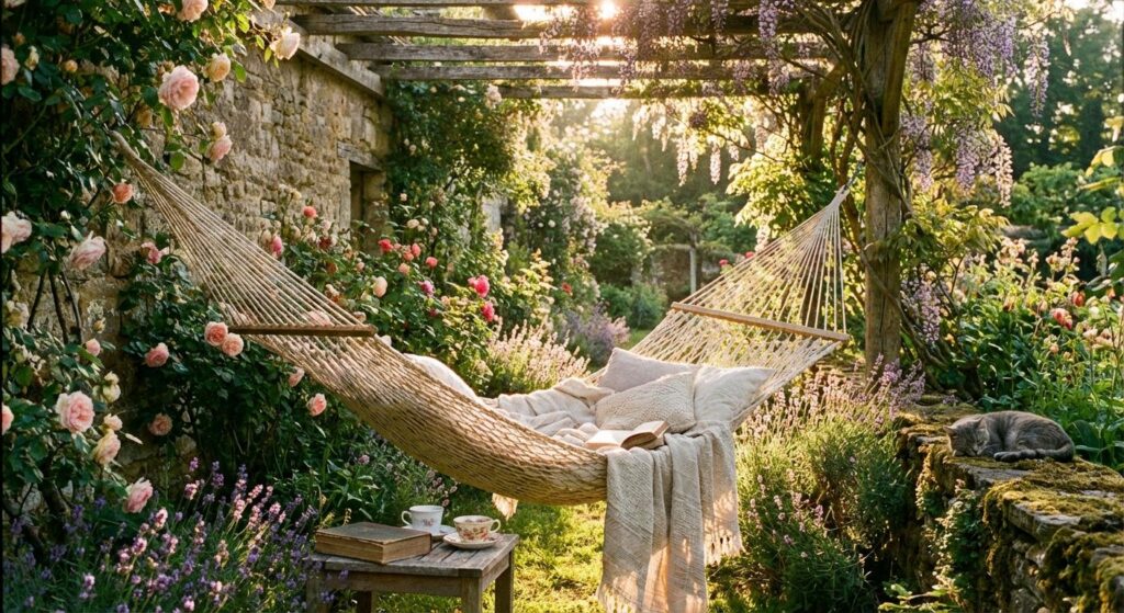 Symbolische Hängematte im Garten bei Sonne – Liebe und Ruhe