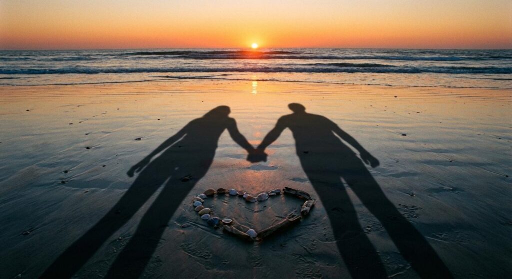Schatten zweier Menschen halten sich an der Hand im romantischen Sonnenuntergang – Symbol für neue Liebe
