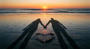 Schatten zweier Menschen halten sich an der Hand im romantischen Sonnenuntergang – Symbol für neue Liebe