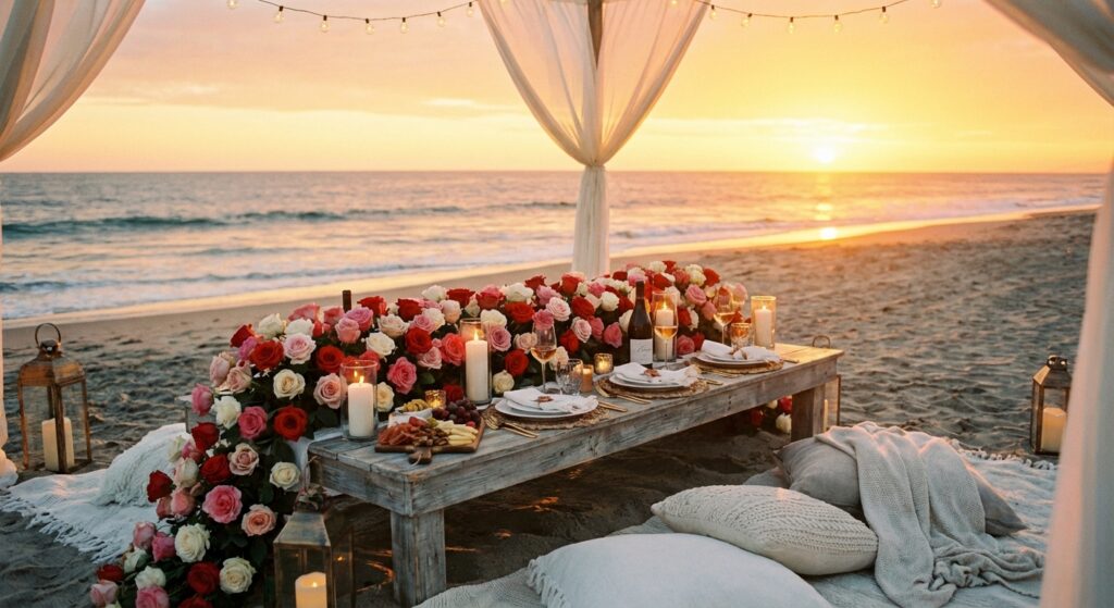 Ein romantisches Strandpicknick bei Sonnenuntergang mit einem Holztisch voller Rosen.