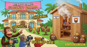 Ironische Grafik einer tropischen Villa mit Sauna und Kokosnuss-Symbol, Reality-TV Stil