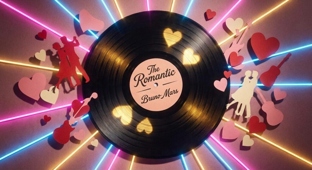 Vinyl-Platte mit goldenen Herzreflexen auf thematisch romantischem Hintergrund