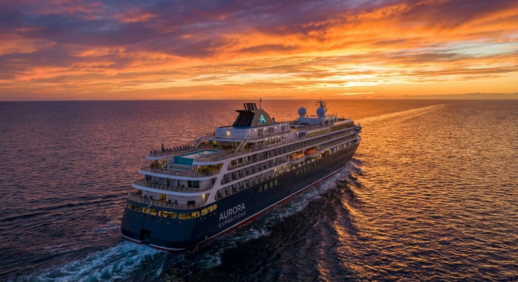 Kreuzfahrtschiff bei Sonnenuntergang auf dem Ozean, Symbol für Freiheit und Abenteuer