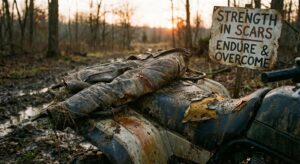 Symbolbild: Motorradjacke auf gebrochenem ATV-Sitz, symbolisiert Verletzung und Durchhaltevermögen