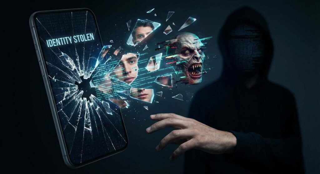 Gebrochenes Smartphone symbolisiert digitalen Identitätsdiebstahl und Deepfake-Gewalt