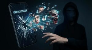 Gebrochenes Smartphone symbolisiert digitalen Identitätsdiebstahl und Deepfake-Gewalt