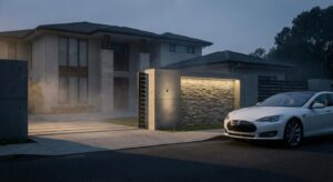 Symbolische Szene einer Hauseinfahrt bei Dämmerlicht mit Einschussmarkierungen und leerem weißen Tesla