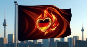 Symbolische Feuer-Flagge in rot-gold zur ESC-Repräsentation