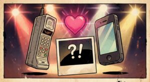 Symbolische Illustration: Zwei Handykameras rahmen ein Foto mit Herz – symbolisiert Harmoniefoto ohne Personen