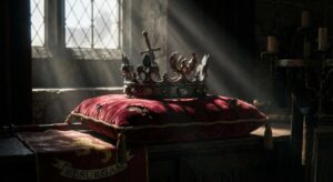 Symbolische Krone auf Samtkissen als Zeichen für royales Comeback