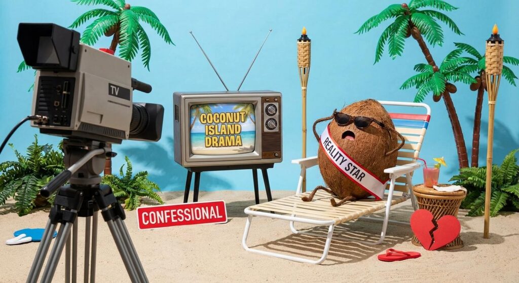 Symbolbild: Fernseher und Kokosnuss in tropischer TV-Show-Kulisse