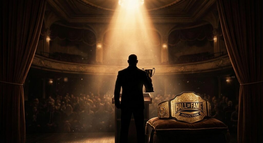 Symbolische Darstellung einer Hall of Fame Aufnahme im Wrestling, mit goldenen Wrestling-Gürtel und Silhouette unter Spotlicht