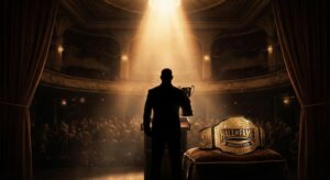 Symbolische Darstellung einer Hall of Fame Aufnahme im Wrestling, mit goldenen Wrestling-Gürtel und Silhouette unter Spotlicht