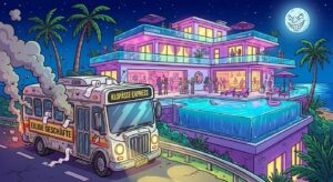 Illustration einer tropischen Villa mit stinkendem Bus und Toilette – symbolisch für eklige Reality-TV-Szene