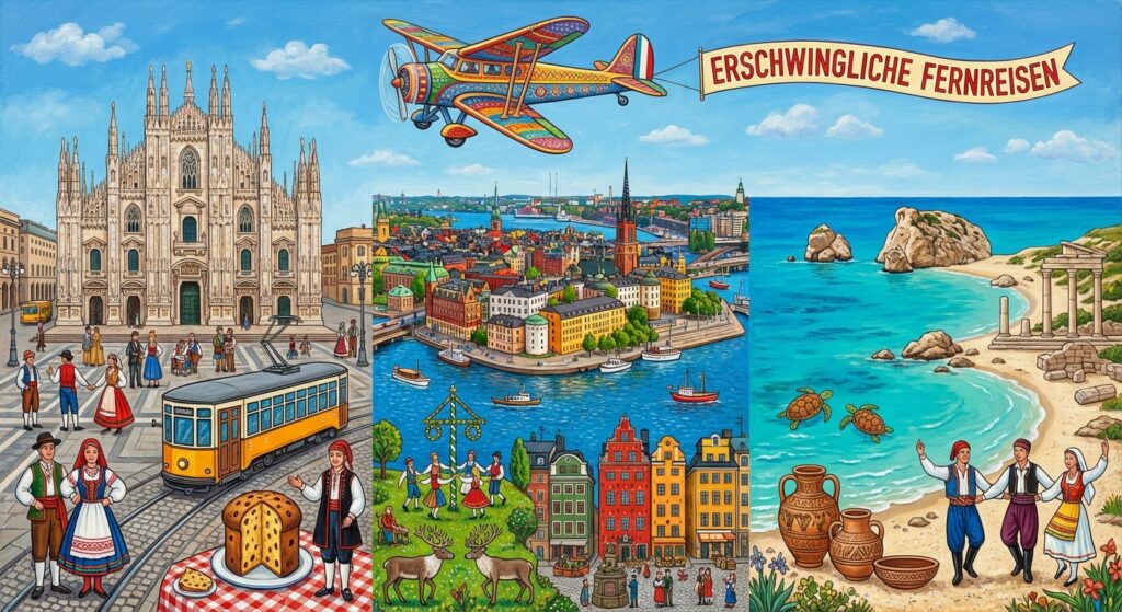 Mailand, Stockholm und Paphos als preiswerte Reiseziele, mit Flugzeug am Himmel