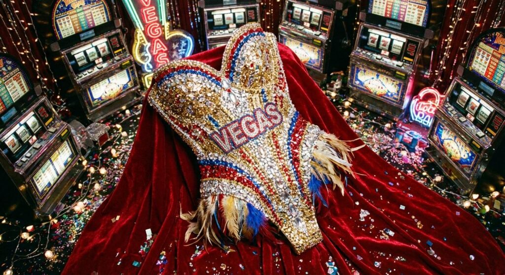 Glamouröse Showgirl-Korsage auf rotem Samt vor funkelndem Casino-Hintergrund