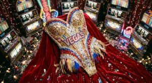 Glamouröse Showgirl-Korsage auf rotem Samt vor funkelndem Casino-Hintergrund