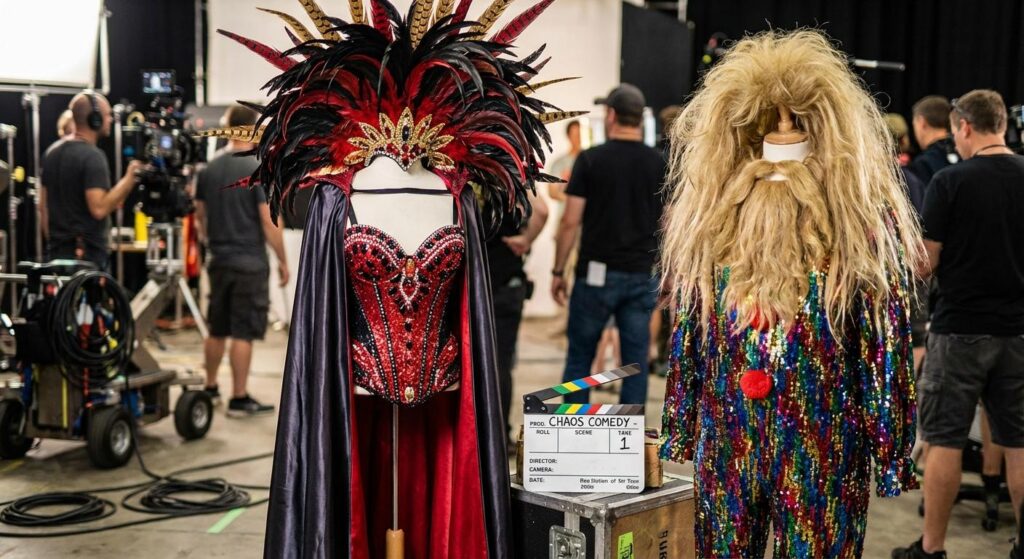 Symbolische Darstellung: Glitzernde Showgirl-Korsage neben absurder Perücke und Bart – filmisches Chaos im Glamour-Look