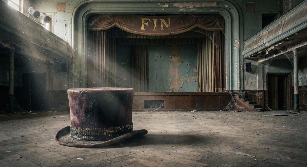 Verblasster Zauberhut auf Theaterparkett – symbolisch für das Ende einer Zauber‑Ära