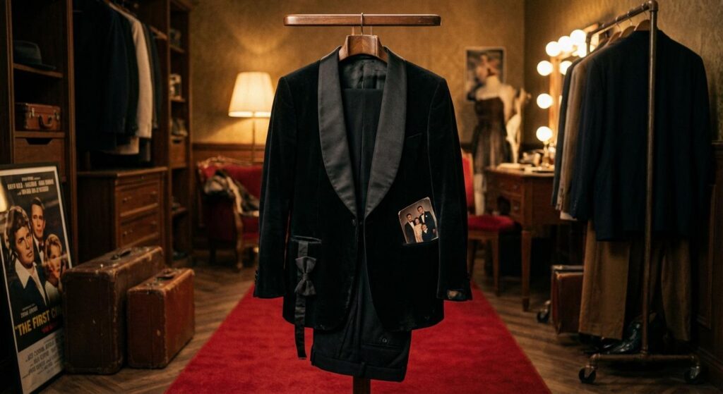 Vintage Tom‑Ford‑Smoking auf einem Bügel, symbolisch für spontane Eleganz und Glamour