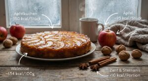 Gestürzter Apfel-Walnusskuchen mit Gewürzsirup auf Holztisch