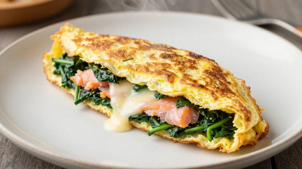 Spinat-Lachs-Käse-Omelett auf einem Teller