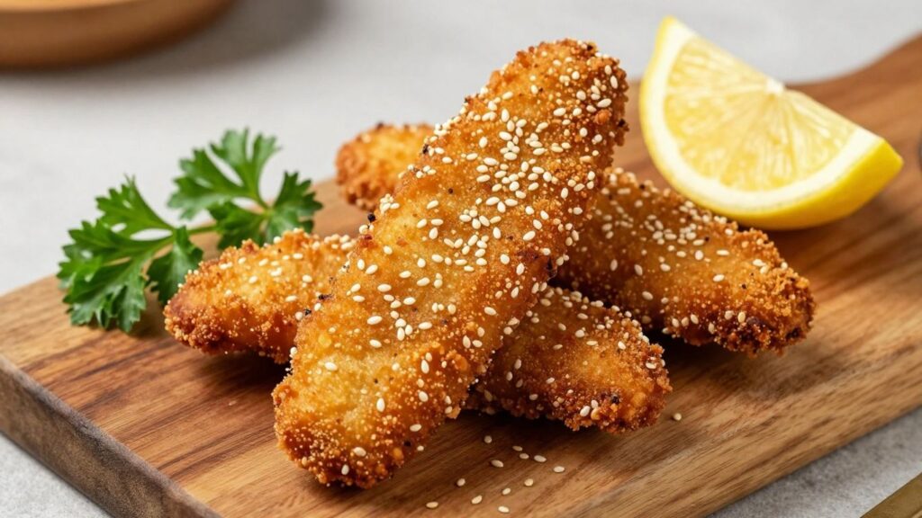 Knuspriges Sesam-Hähnchen-Schnitzel mit Zitrone auf Holzteller.