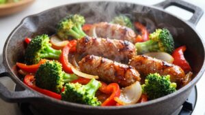 Schnelle Wurstpfanne mit Gemüse in einer Pfanne.